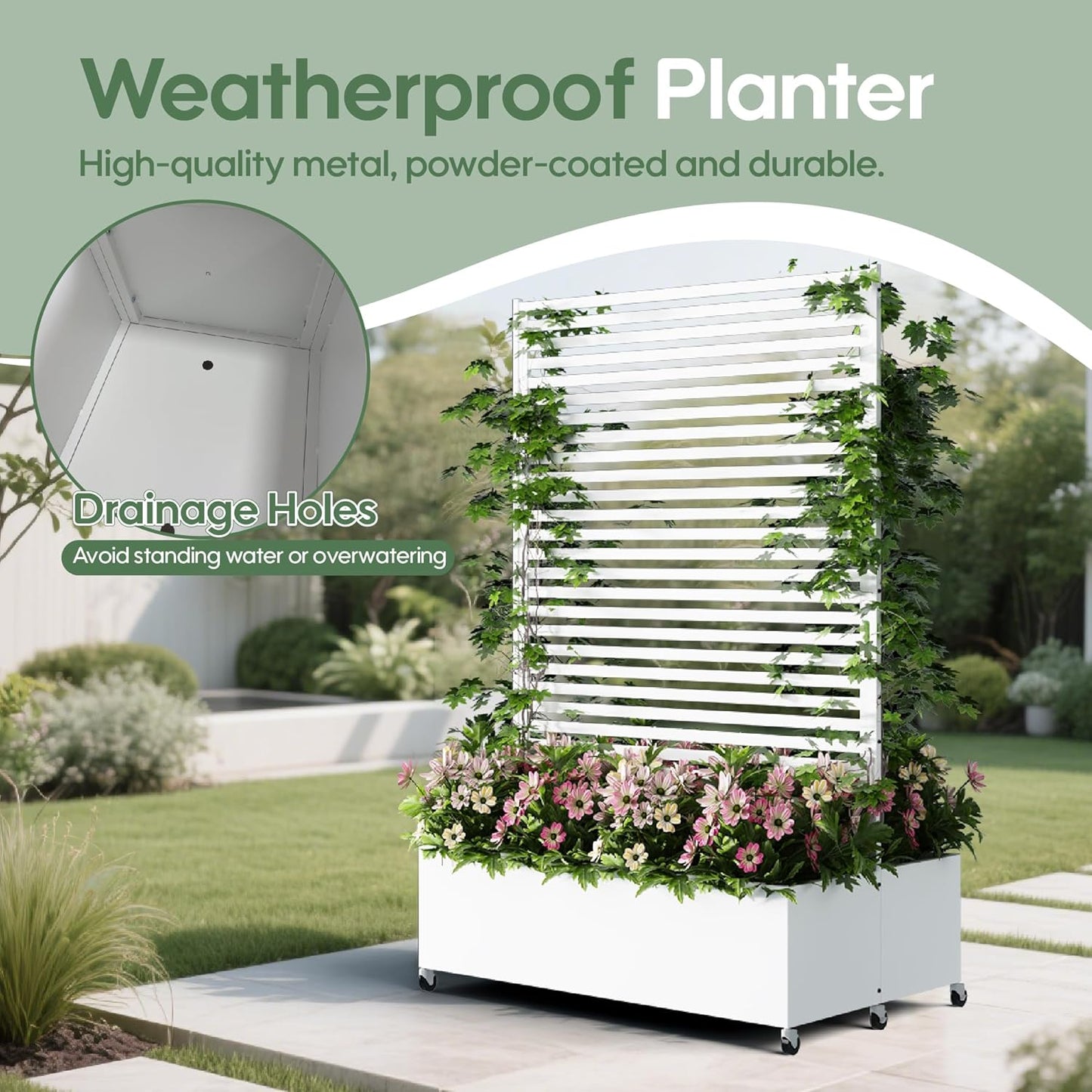 Double Metal Planter Box with Trellis Privacy Screen, Raised Garden Bed with Trellis & Wheels