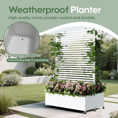 Double Metal Planter Box with Trellis Privacy Screen, Raised Garden Bed with Trellis & Wheels