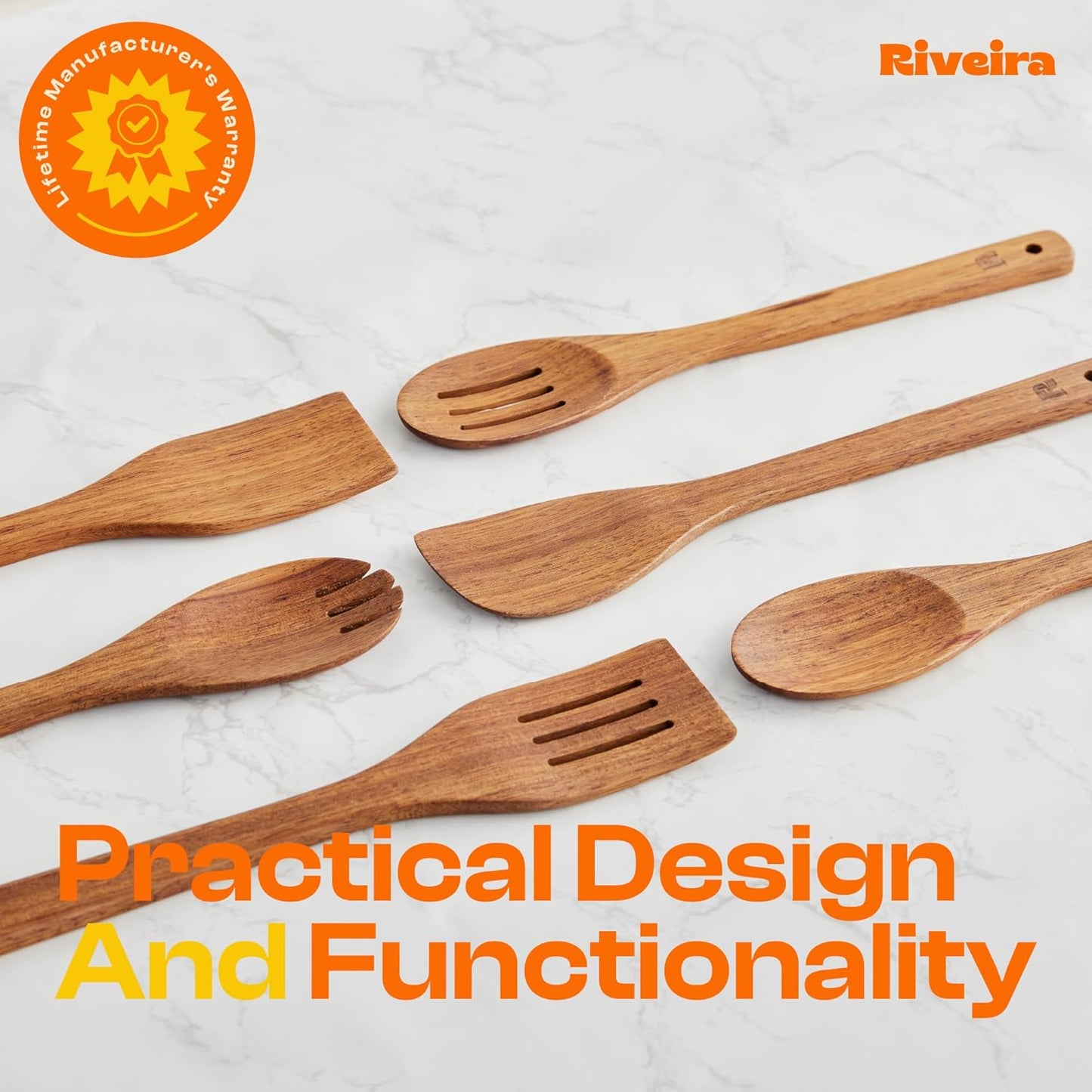Riveira Teak Wooden Spoons for Cooking Set of 6 – Natural Teak Wooden Cooking Utensils, Wooden