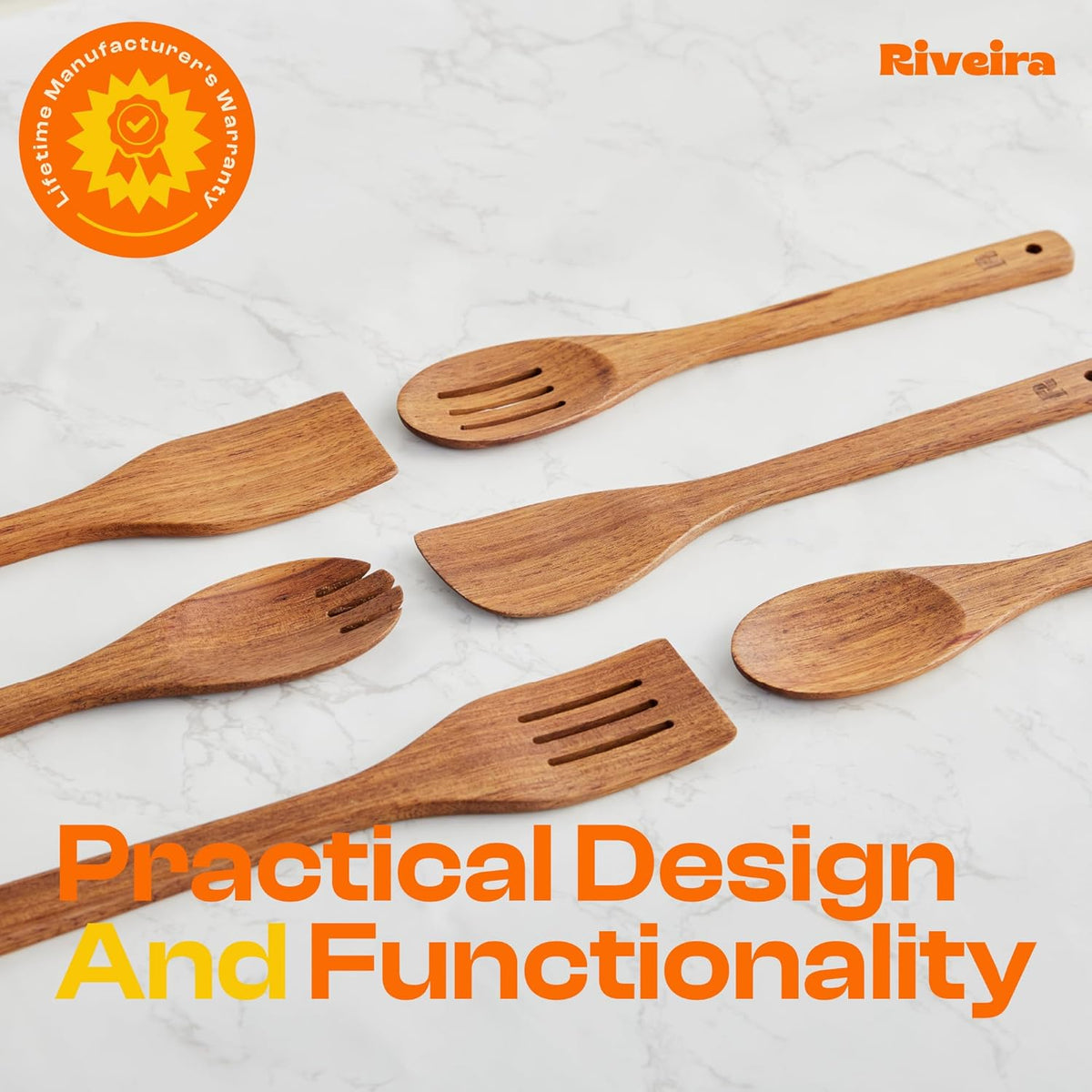 Riveira Teak Wooden Spoons for Cooking Set of 6 – Natural Teak Wooden Cooking Utensils, Wooden