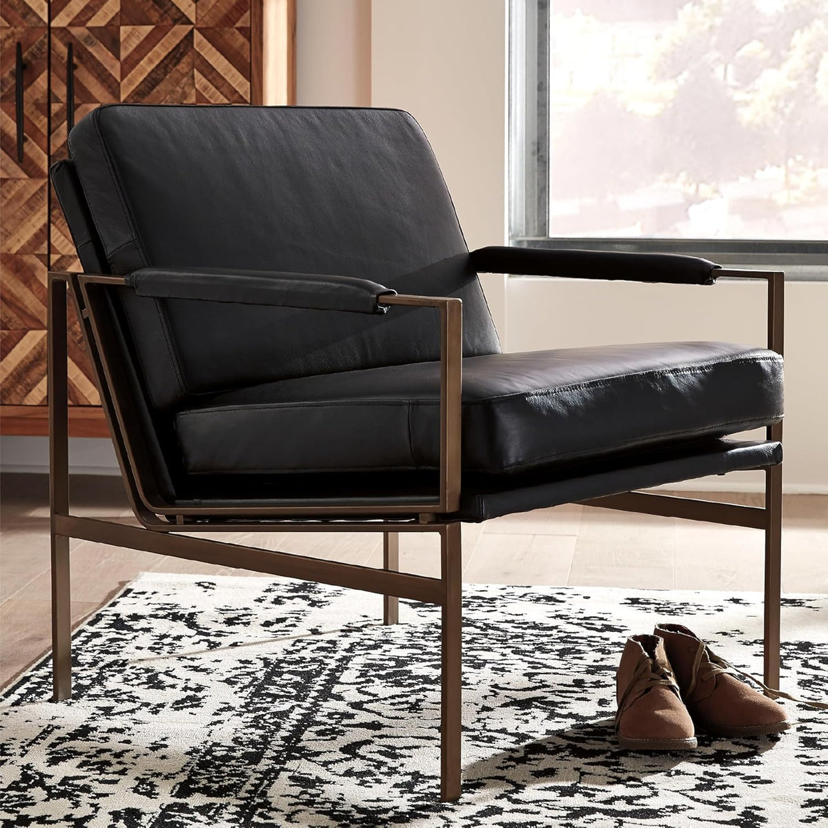 Signature Design by Ashley Puckman Mid-Century Modern Leather Accent Chair, Black