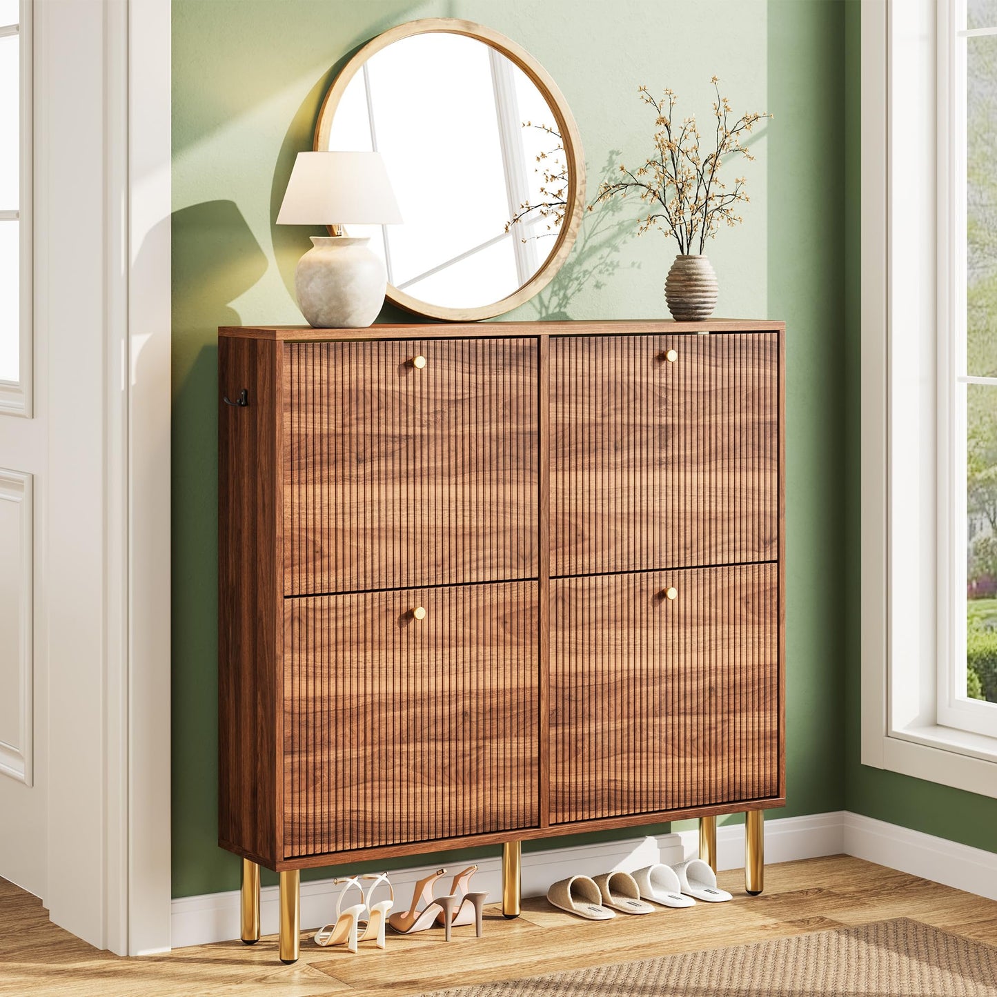 Nicetree Shoe Storage Cabinet for Entryway - 4 Flip Drawers Shoe Cabinet with Tiered Fluted Design