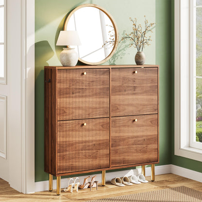 Nicetree Shoe Storage Cabinet for Entryway - 4 Flip Drawers Shoe Cabinet with Tiered Fluted Design