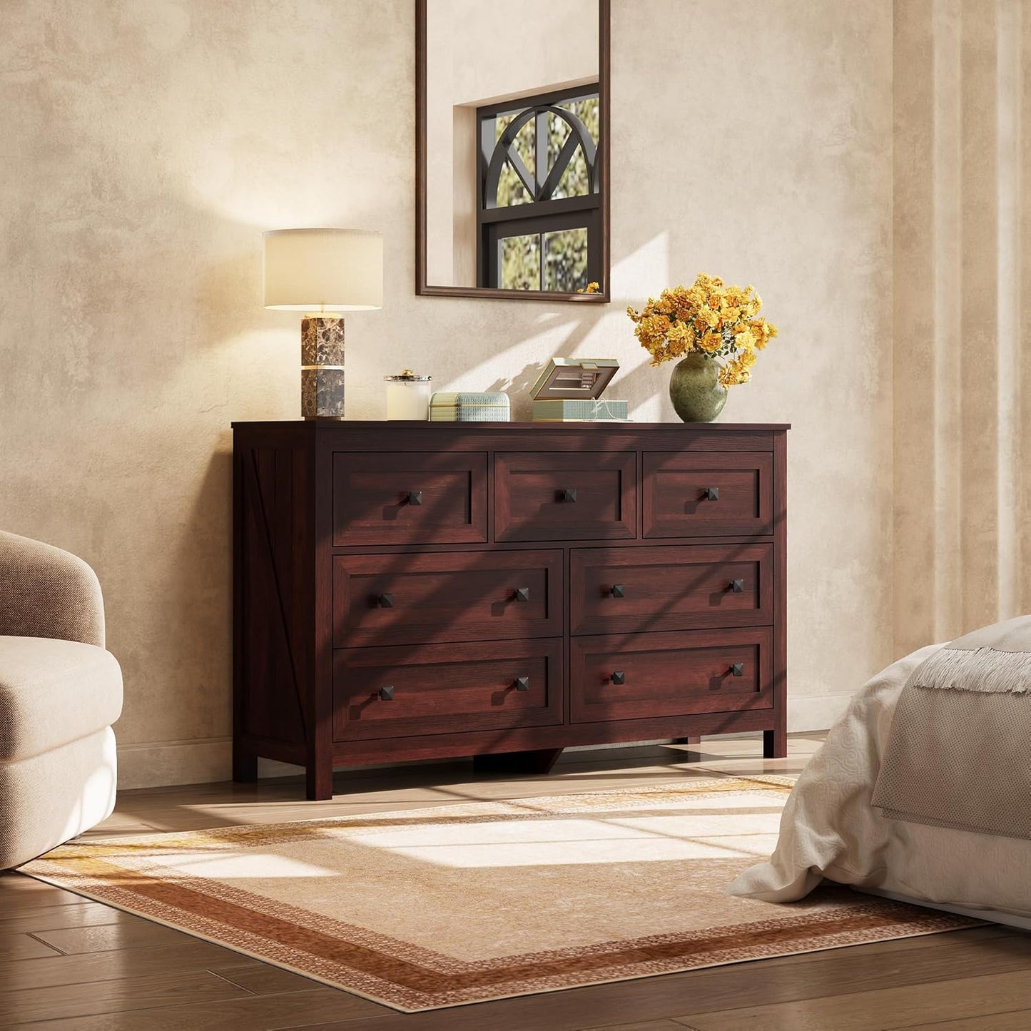 WLIVE Farmhouse Dresser for Bedroom, 51.18'' Wide 7 Drawer Wood Dresser, TV Stand for 65 inch TV