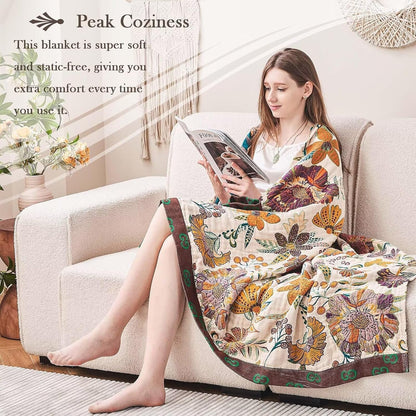 Boho Throw Blanket, 100% Cotton Ultra Soft Luxury Throw Rustic Quilt, 60"x80" Floral Printed