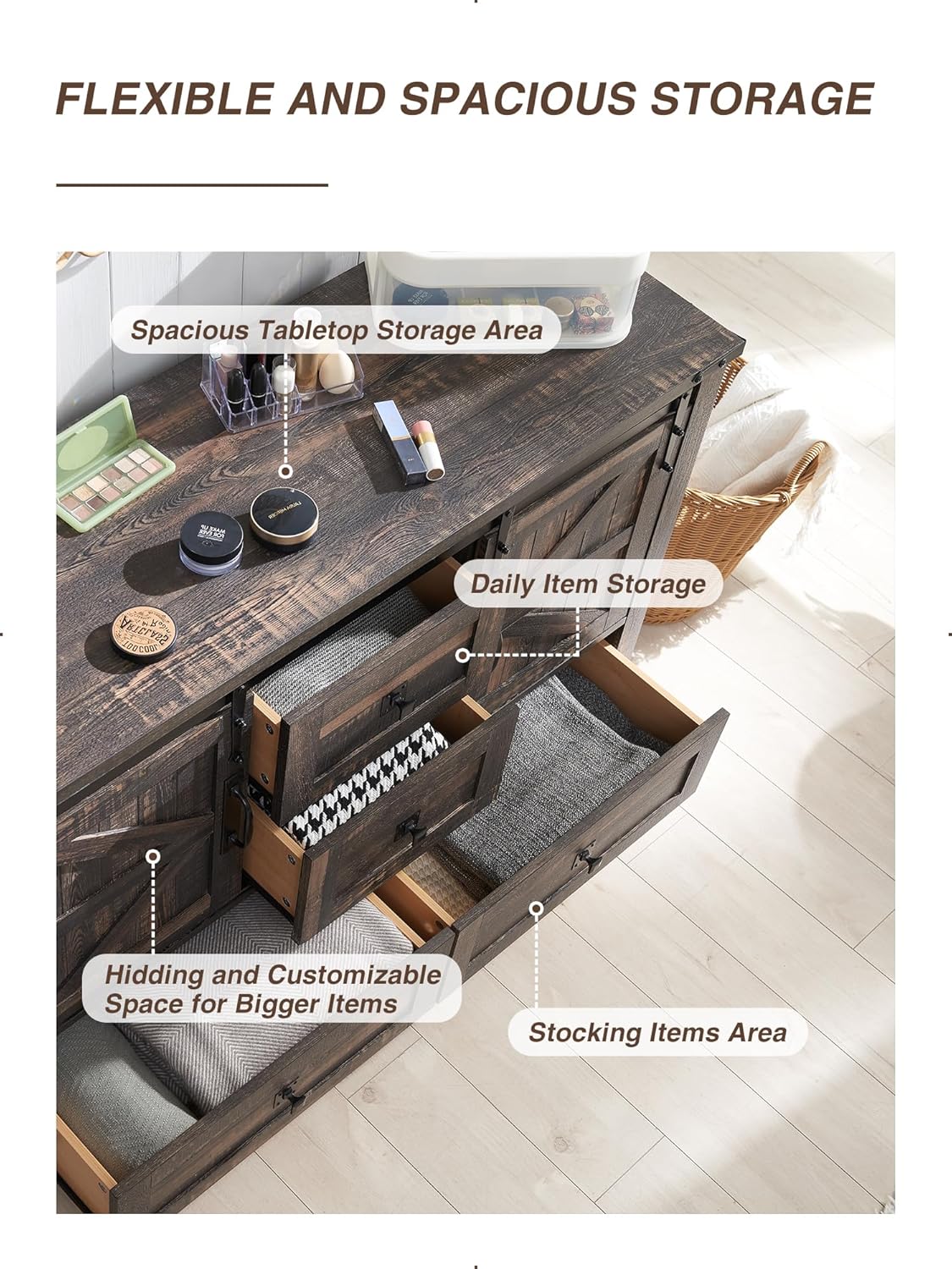 T4TREAM 48'' Farmhouse Dresser w/4 Drawers & 2 Sliding Barn Doors, Tall Chest of Drawers Organizer