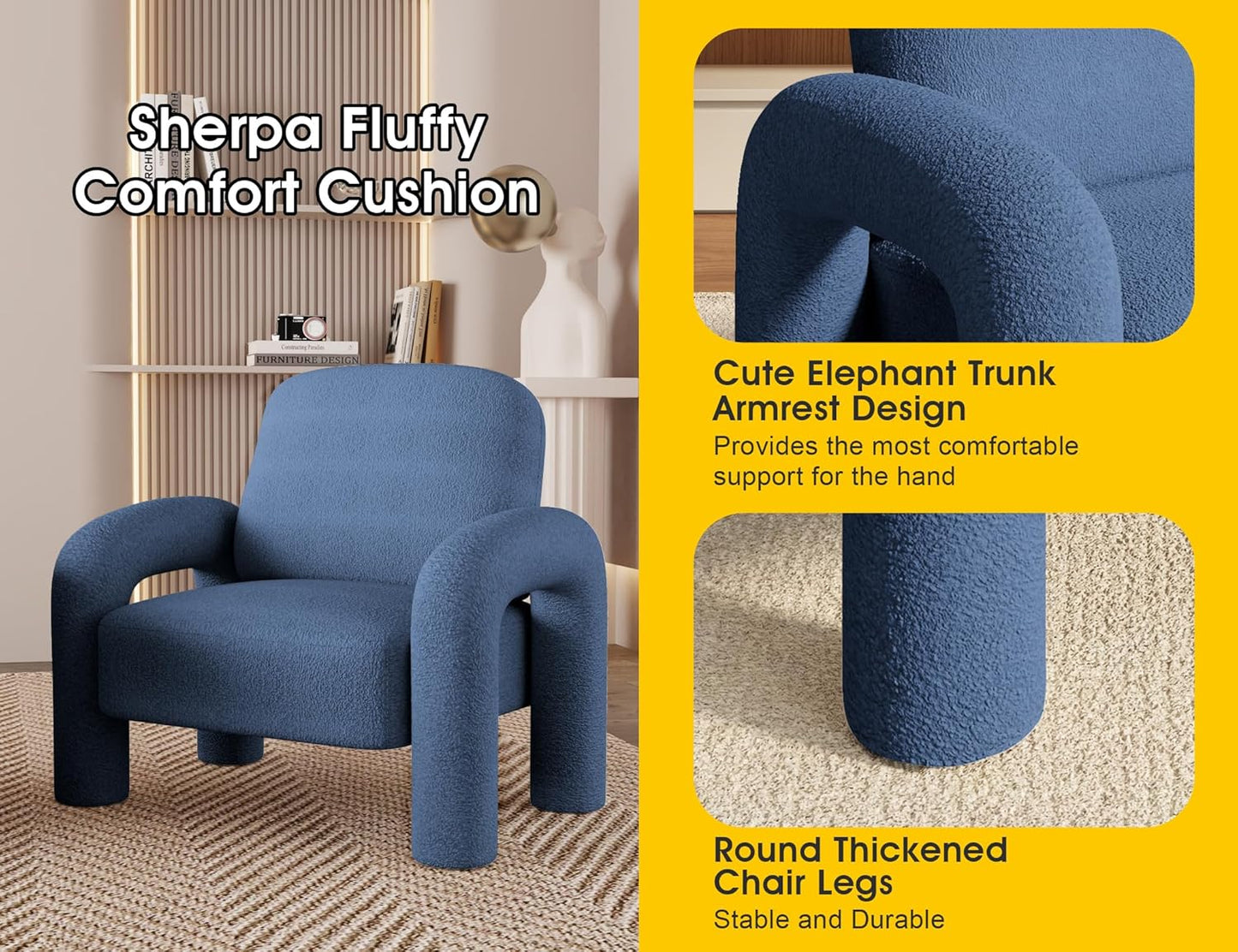 Modern Sherpa Accent Chair, Teddy Upholstered Arm Single Sofa, Cozy Fluffy Reading Chair for Living