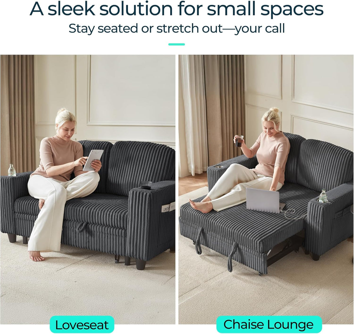 LINSY HOME Loveseat Sofa with Pull Out Couch: 2-in-1 Convertible 2 Seater Sofa Chaise with USB