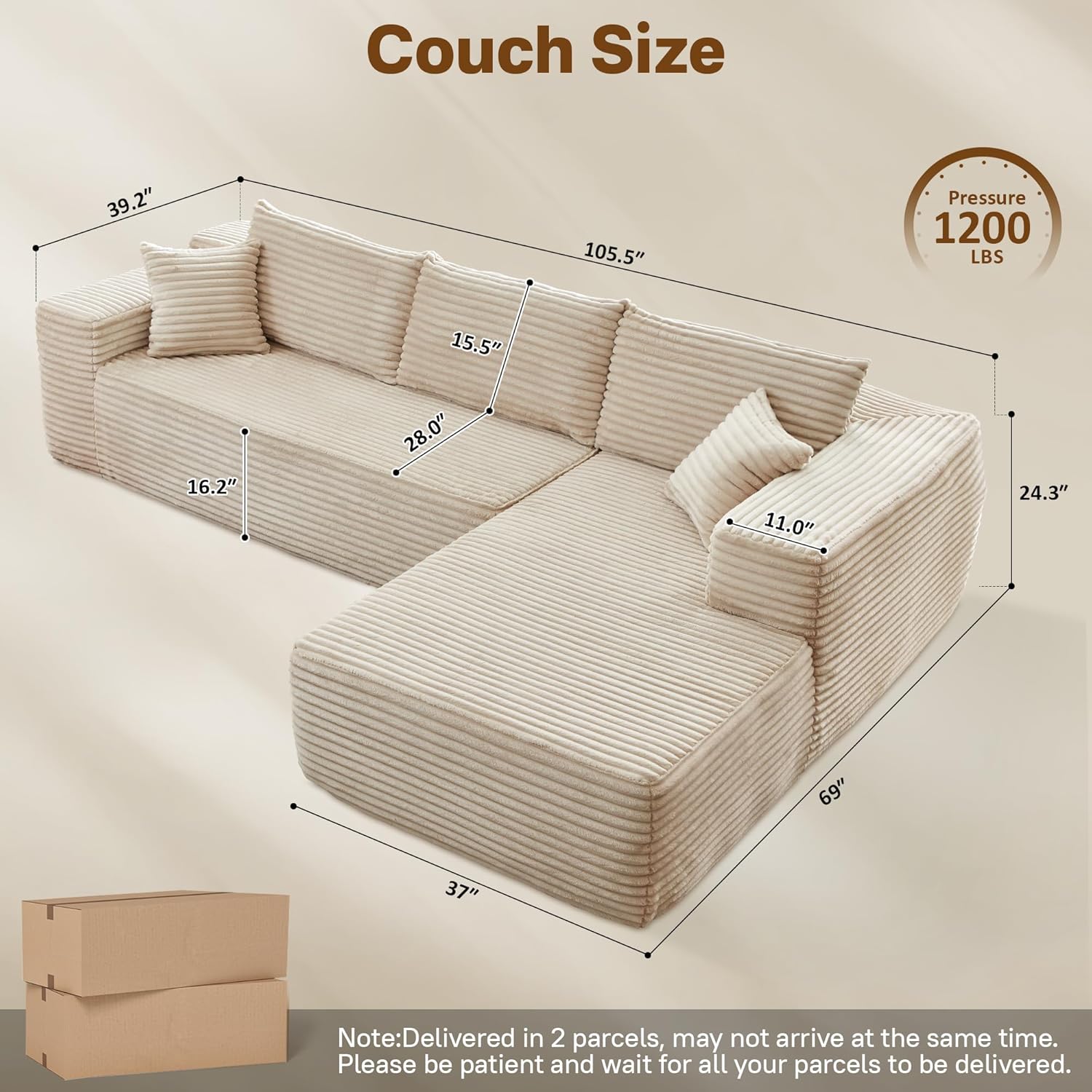 104" Cloudy Sectional L Shaped Couch for Living Room, No Assembly Required, Modular Comfy Sofa with