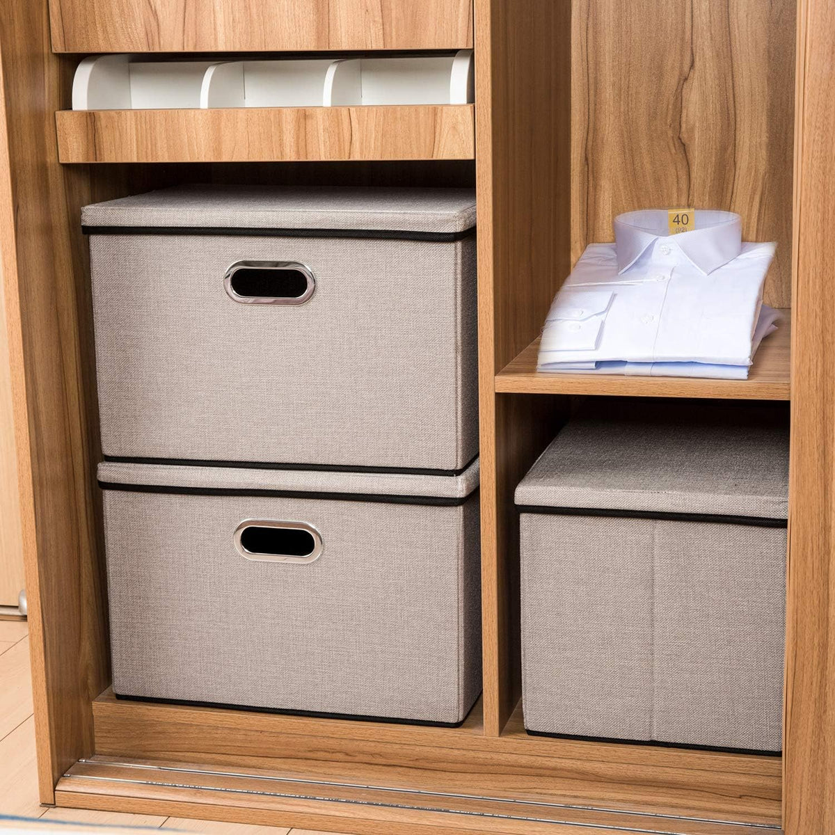 PRANDOM Large Foldable Storage Bins with Lids [3-Pack] linenFabric Decorative Storage Boxes