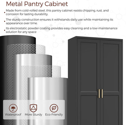 71" Tall Metal Pantry Cabinet, Black Kitchen Pantry Storage Cabinet with 4 Adjustable Shelves and