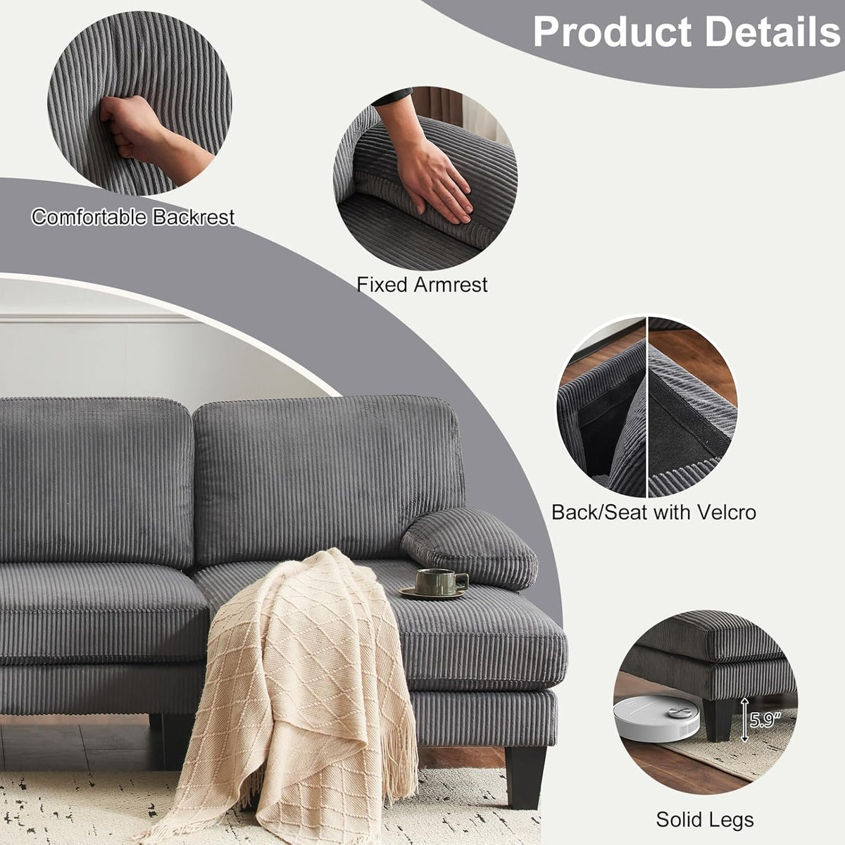 Karl home U-Shape Sectional Sofa Couch 111" Modern 4-Seat Sofa with Chaises Corduroy Fabric