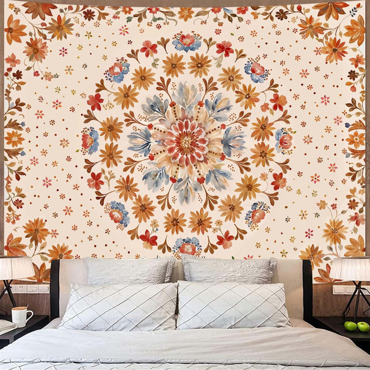 Fowocu Boho Floral Mandala Tapestry Wall Hanging Watercolor Bohemian Flower Medallion Tapestry