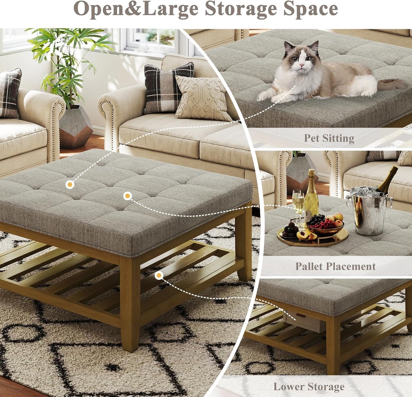 Large Square Ottoman Coffee Table, Linen Solid Upholstered Footrest Ottoman with Solid Wood Shelf