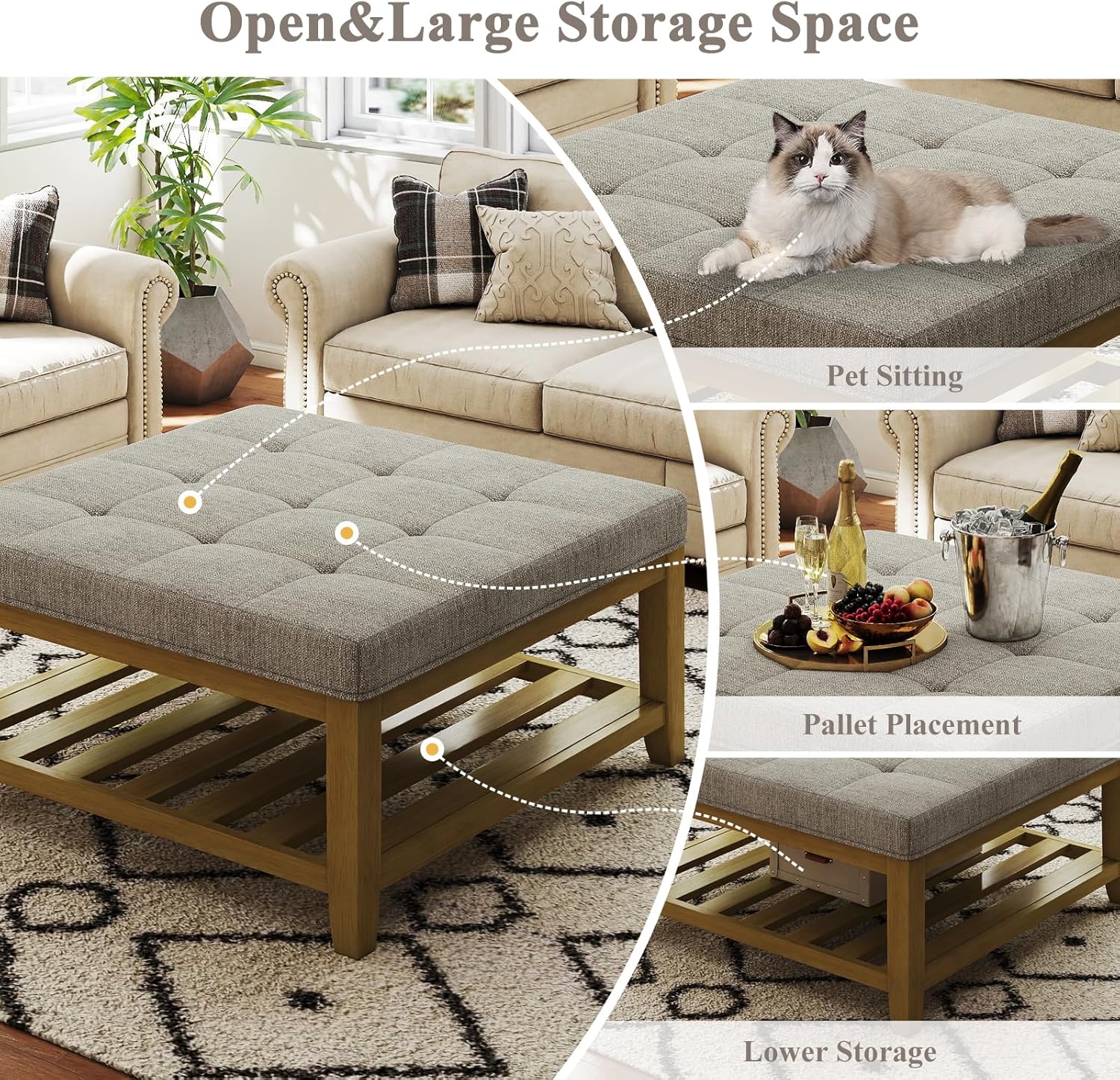 Large Square Ottoman Coffee Table, Linen Solid Upholstered Footrest Ottoman with Solid Wood Shelf