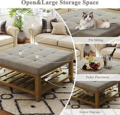 Large Square Ottoman Coffee Table, Linen Solid Upholstered Footrest Ottoman with Solid Wood Shelf