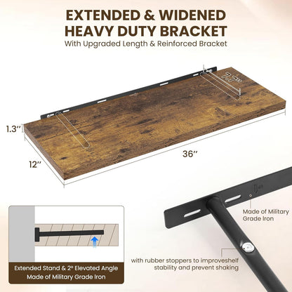 36" Floating Shelves for Wall, 12" Deep Slim Rustic Brown Floating Shelves, Wall-Mounted Shelves