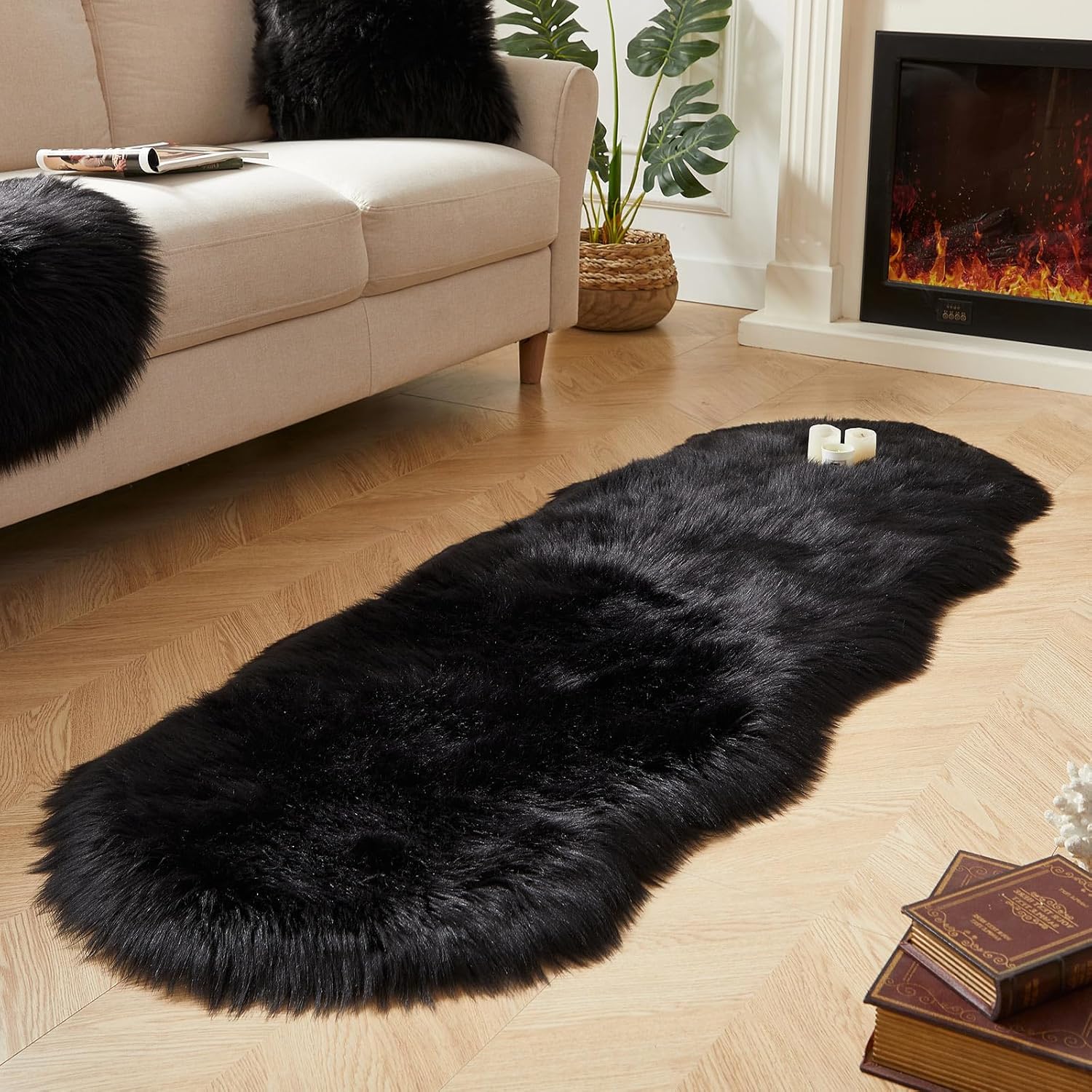 AMTOVO Faux Sheepskin Rug, Black Ultra Soft Fluffy Shag Area Rug, 2 x 6 ft Faux Fur Rug for Bedroom