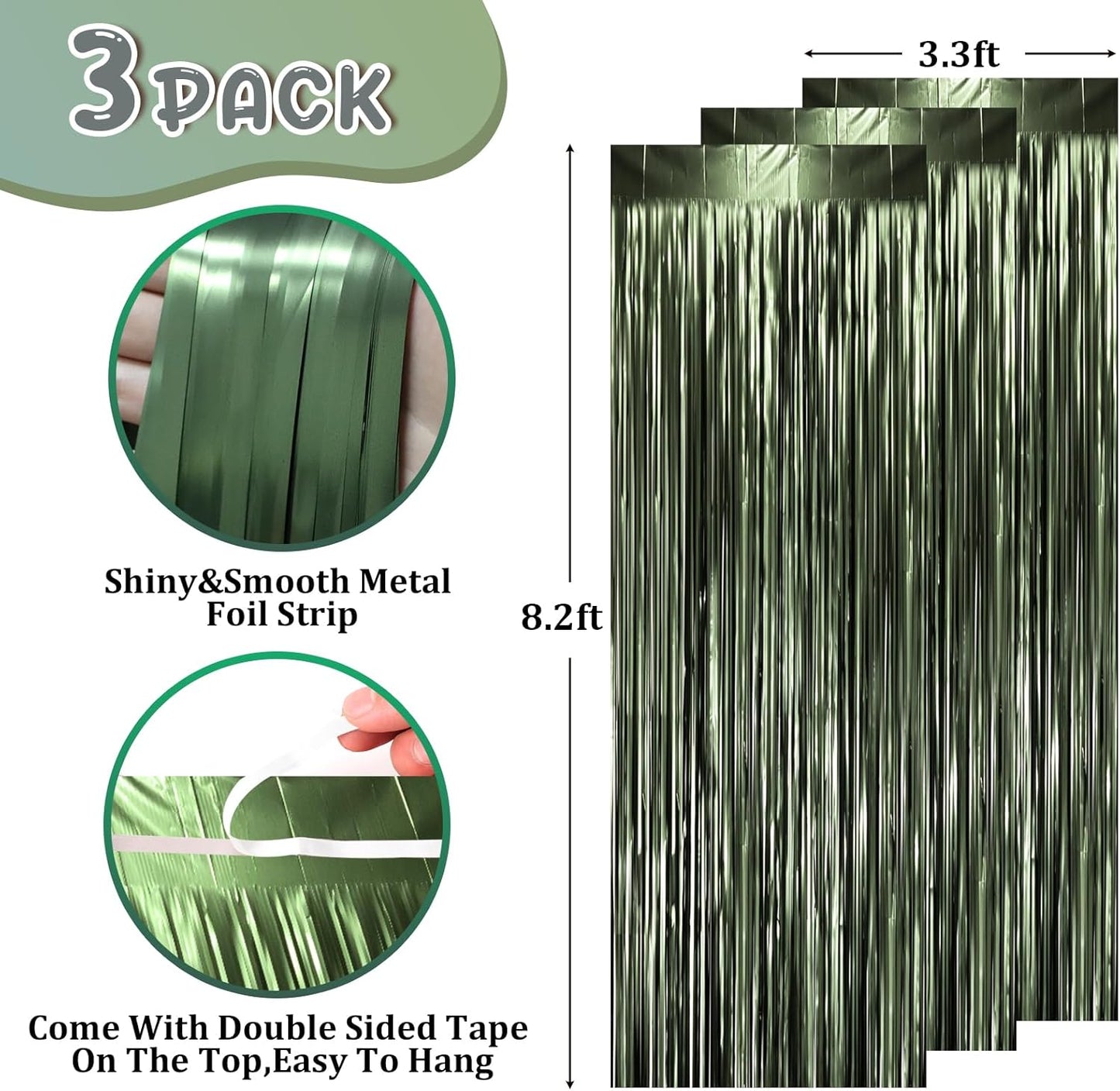 3 Pack 3.3 x 8.2 ft Matte Green Foil Fringe Backdrop Curtains, Tinsel Streamers Party Decorations