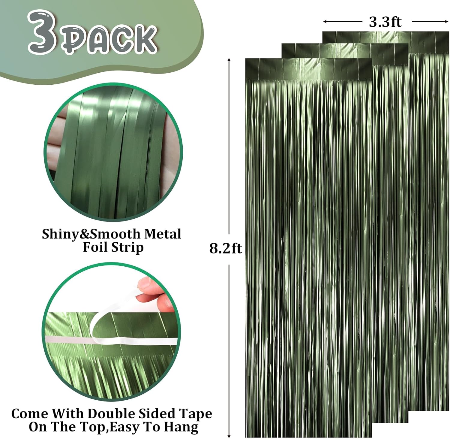 3 Pack 3.3 x 8.2 ft Matte Green Foil Fringe Backdrop Curtains, Tinsel Streamers Party Decorations