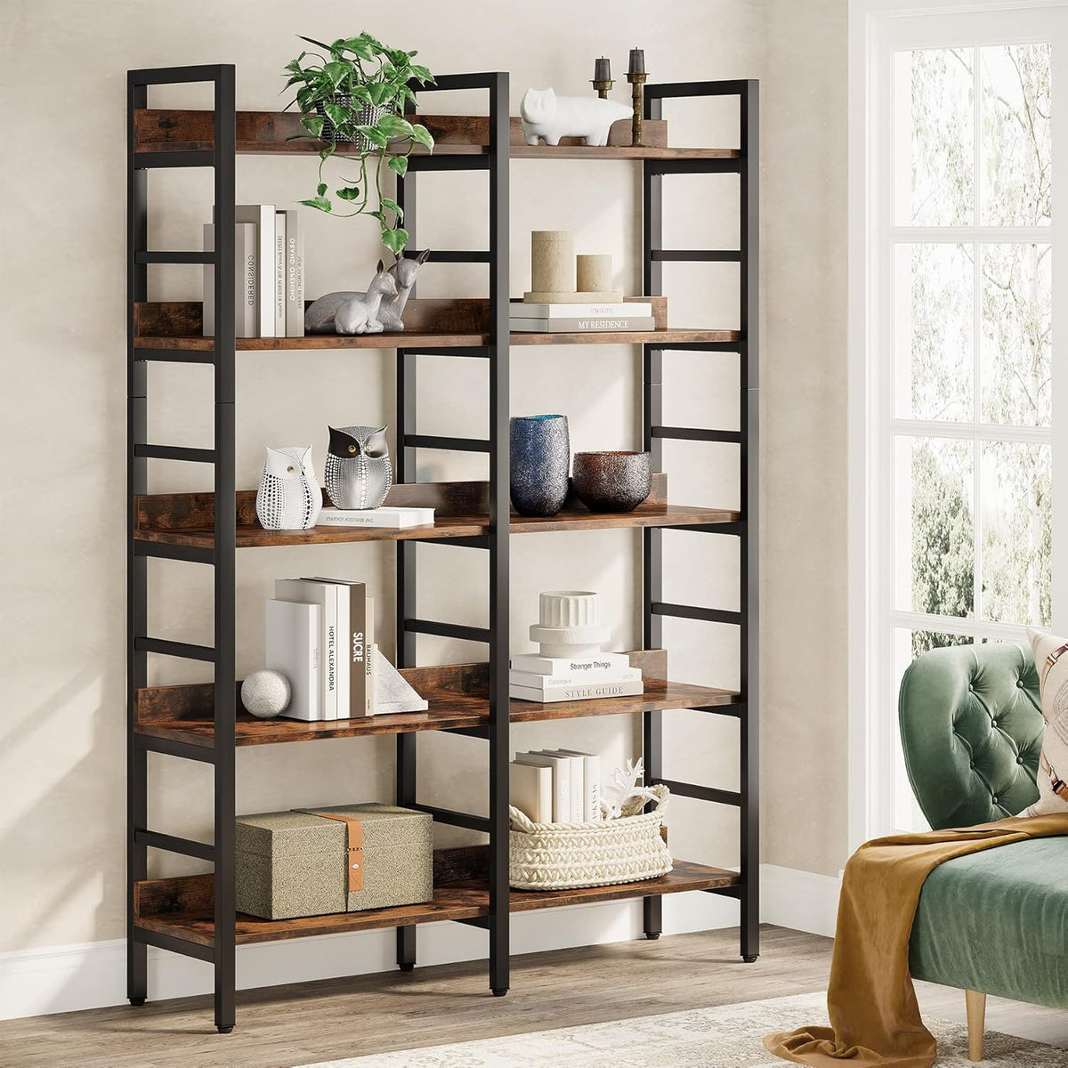Tribesigns 5-Tier Industrial Bookshelf, 71”H x 47”W Etagere Bookcase, Freestanding Double Wide Book