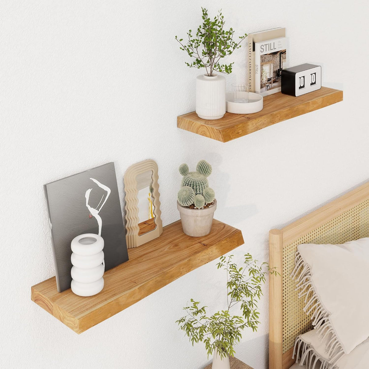Axeman 24 inch Floating Shelves for Wall - 8'' D Live Edge Rustic Solid Elm Wood Floating Shelves