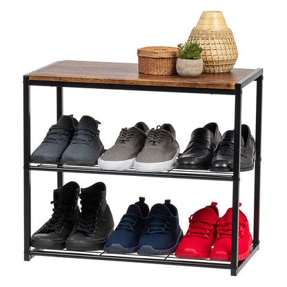 IRIS USA 3-Tier Shoe Rack, Holds 6 Pairs, Wood Metal Bench