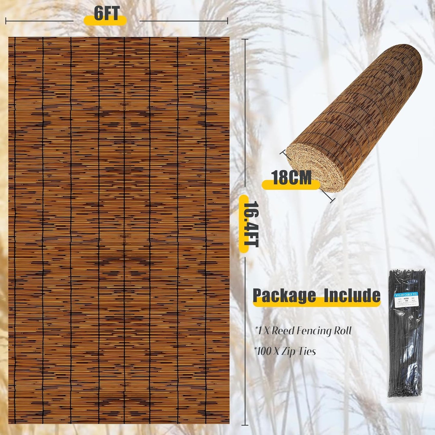 Natural Reed Fencing 6FT X 16.4FT Reed Fence 6FT High Balcony Reed Fence Privacy Reed Screen for