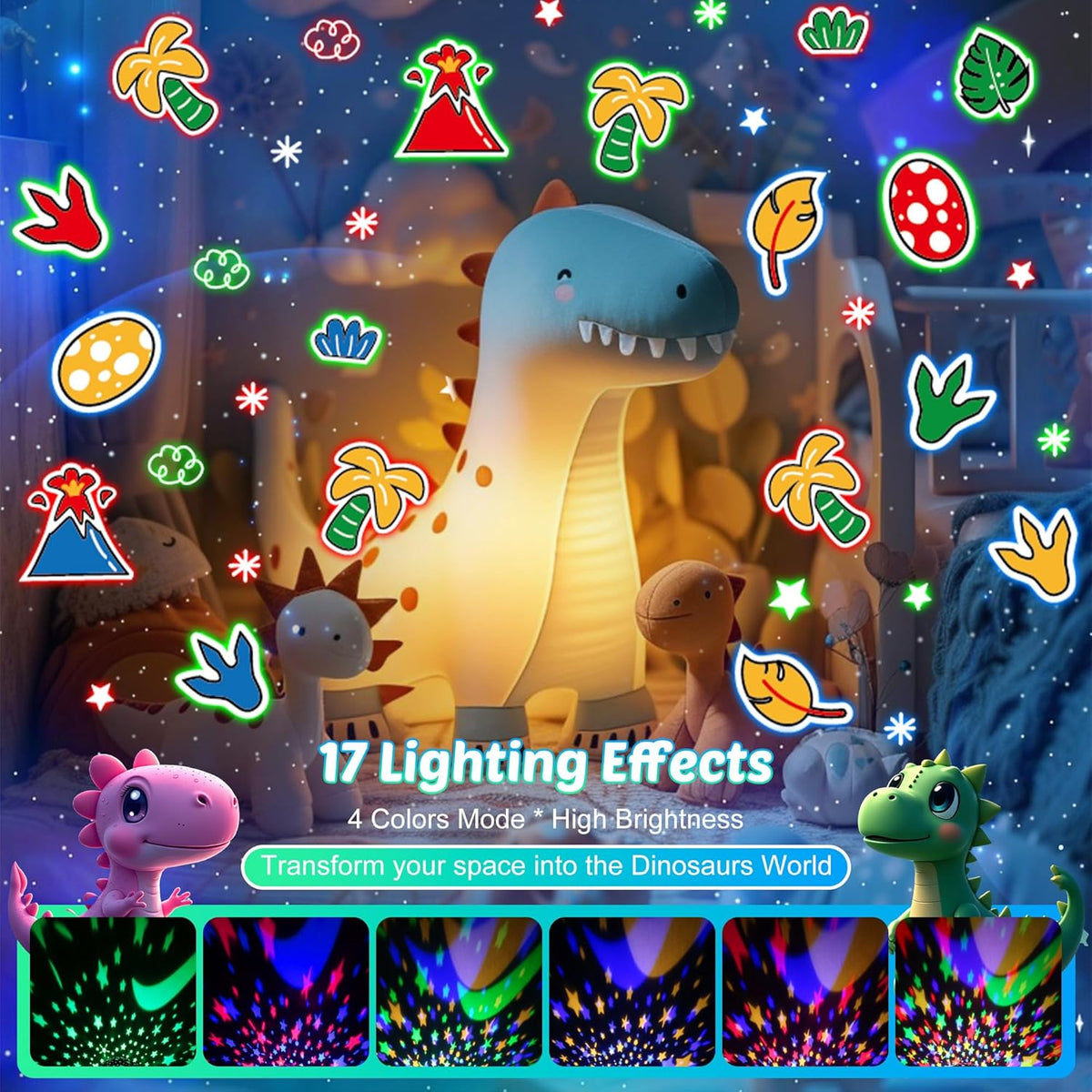 Dinosaur Night Light Projector for Kids Green Dino Toys for Boys, Star Night Lights with Music and