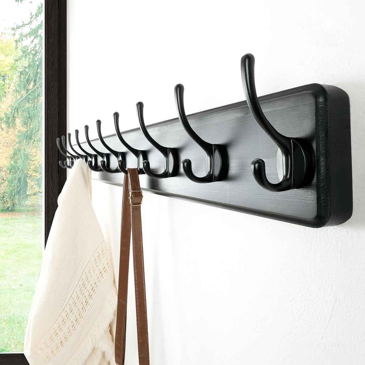 Dseap Wall Mounted Coat Rack: 38-1/4" Long, Patented, Heavy-Duty, 10-Double-Hooks Wooden Hanger