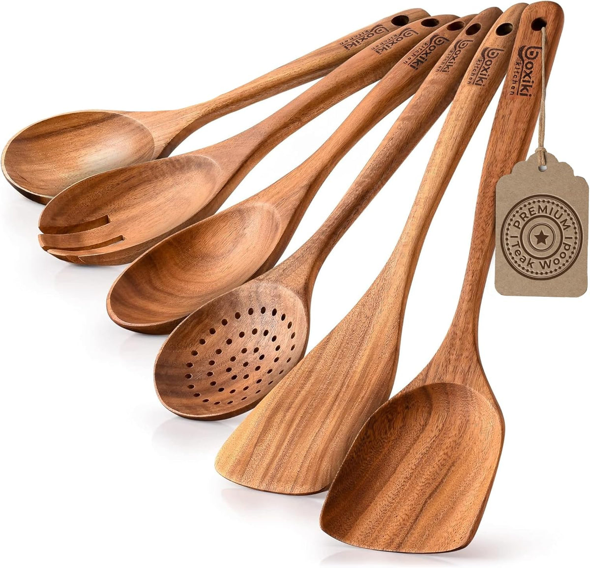 Boxiki Kitchen Luxury Teak Wood Utensil Set - Elegant 6-Piece Cooking Ensemble Including Spoons
