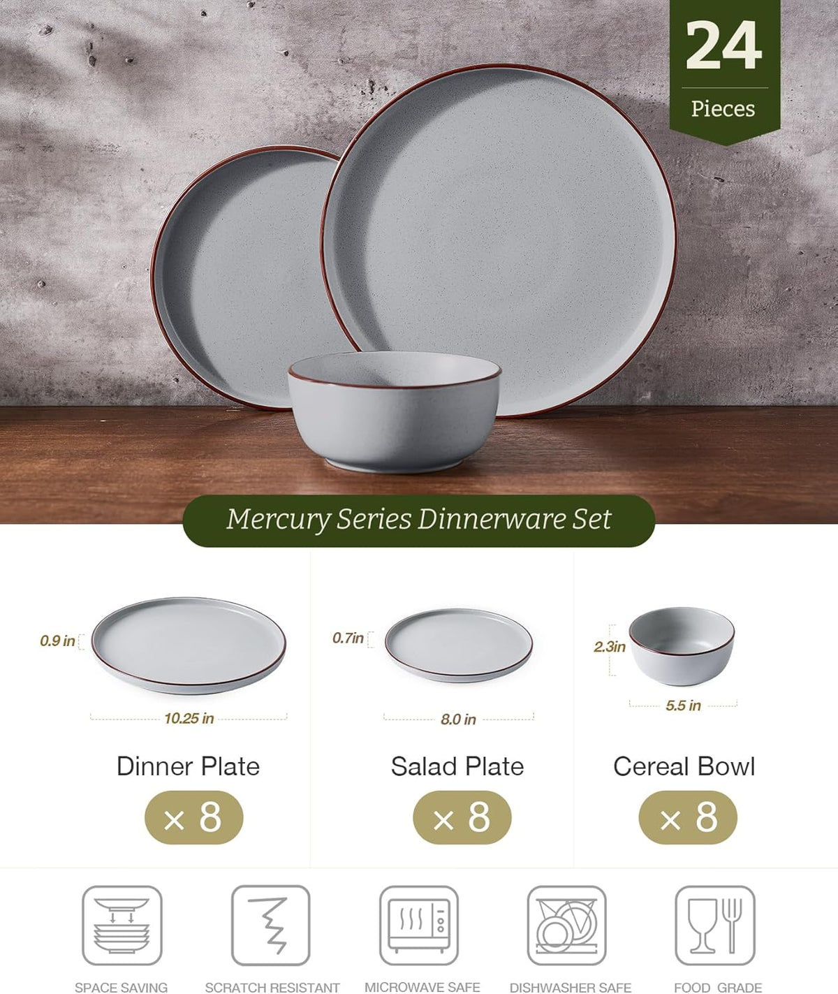 Famiware Mercury 24 Pieces Dinnerware Sets, Plates and Bowls Sets for 8, Microwave and Dishwasher