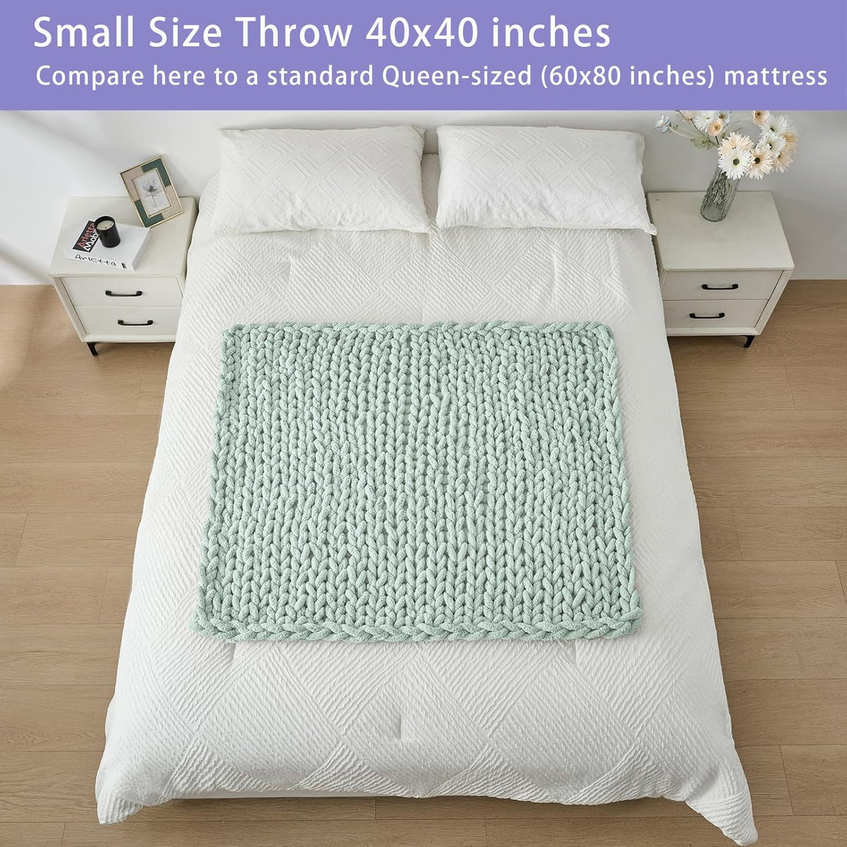 Bigacogo Chunky Knit Throw Blanket for Couch, 40x40 inches, 100% Hand Knitted with Thick Jumbo