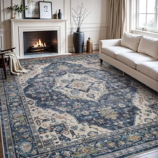 AMOAMI-Area Rug 5X7 Rugs for Living Room-Vintage Soft Blue Rugs for Bedroom-Non Slip Carpet-Machine
