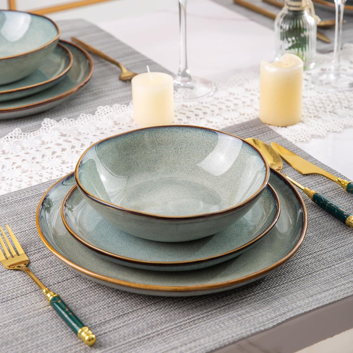 AmorArc Ceramic Dinnerware Sets,Handmade Reactive Glaze stoneware Plates and Bowls Sets,Highly Chip