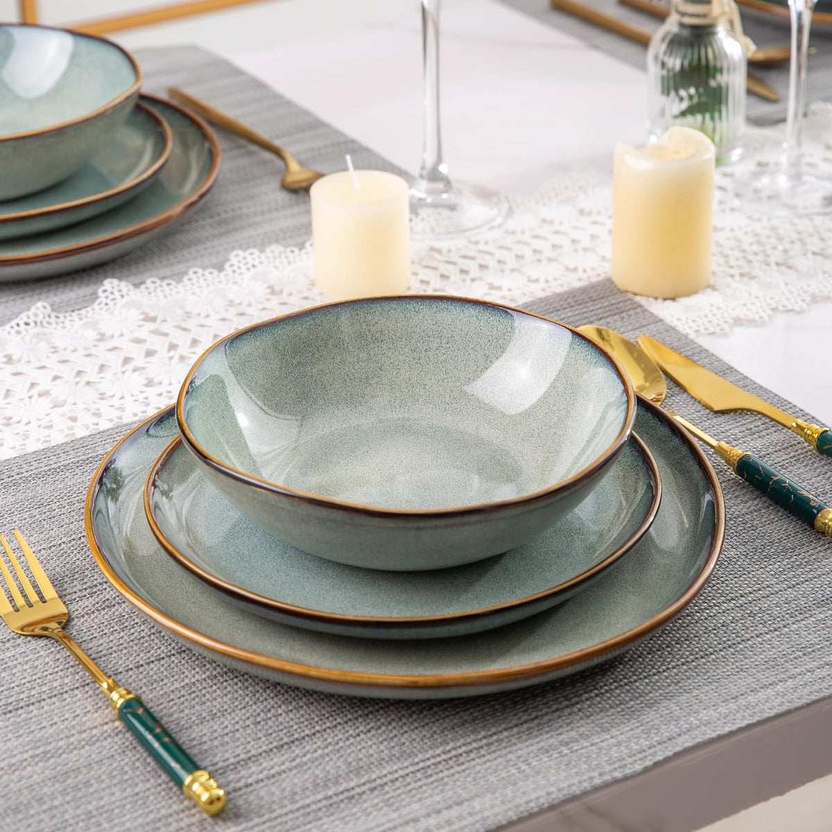 AmorArc Ceramic Dinnerware Sets,Handmade Reactive Glaze Stoneware Plates and Bowls Set,Highly Chip