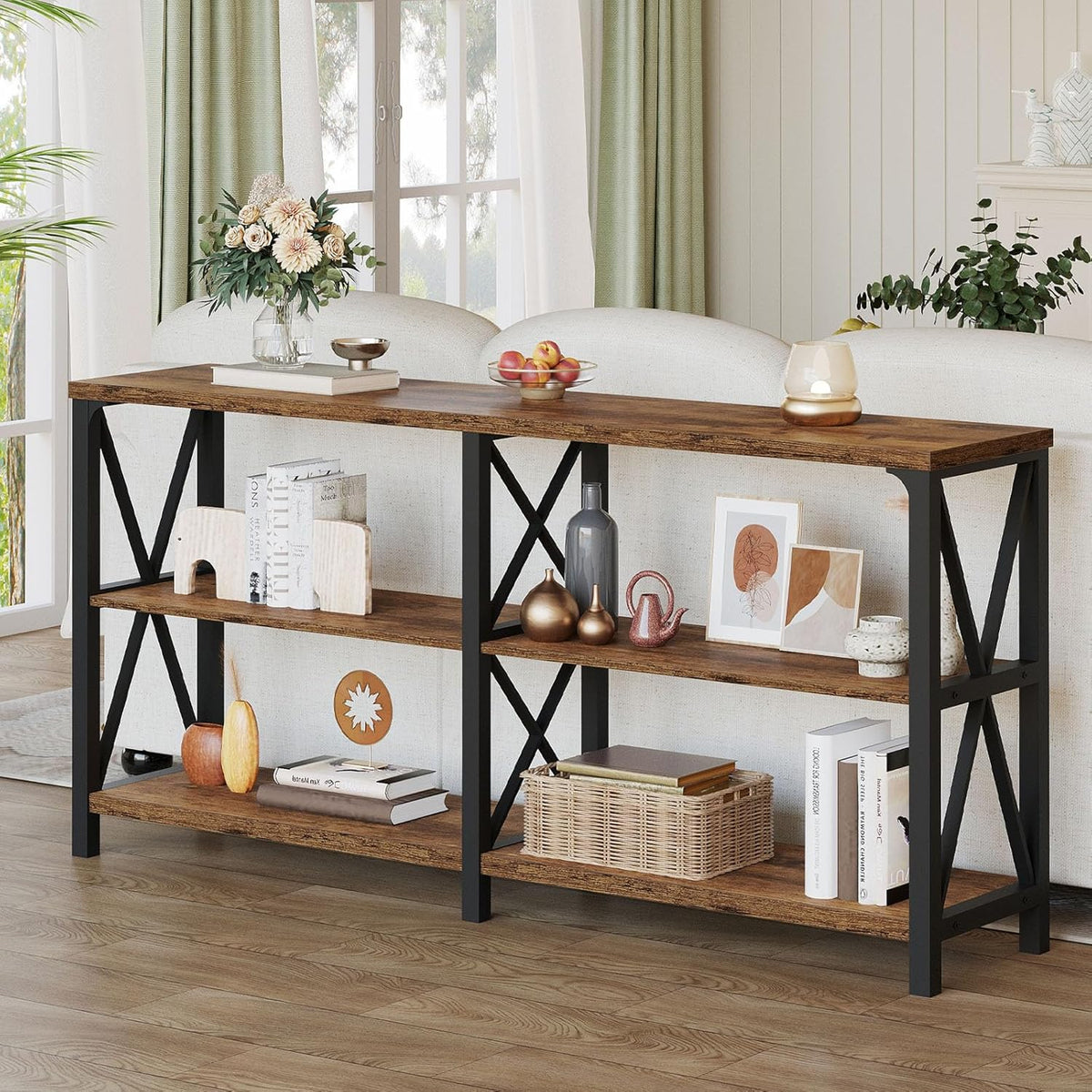 LVB Rustic Console Table, Industrial Wood Metal Sofa Table Behind Couch, Farmhouse Long Entryway