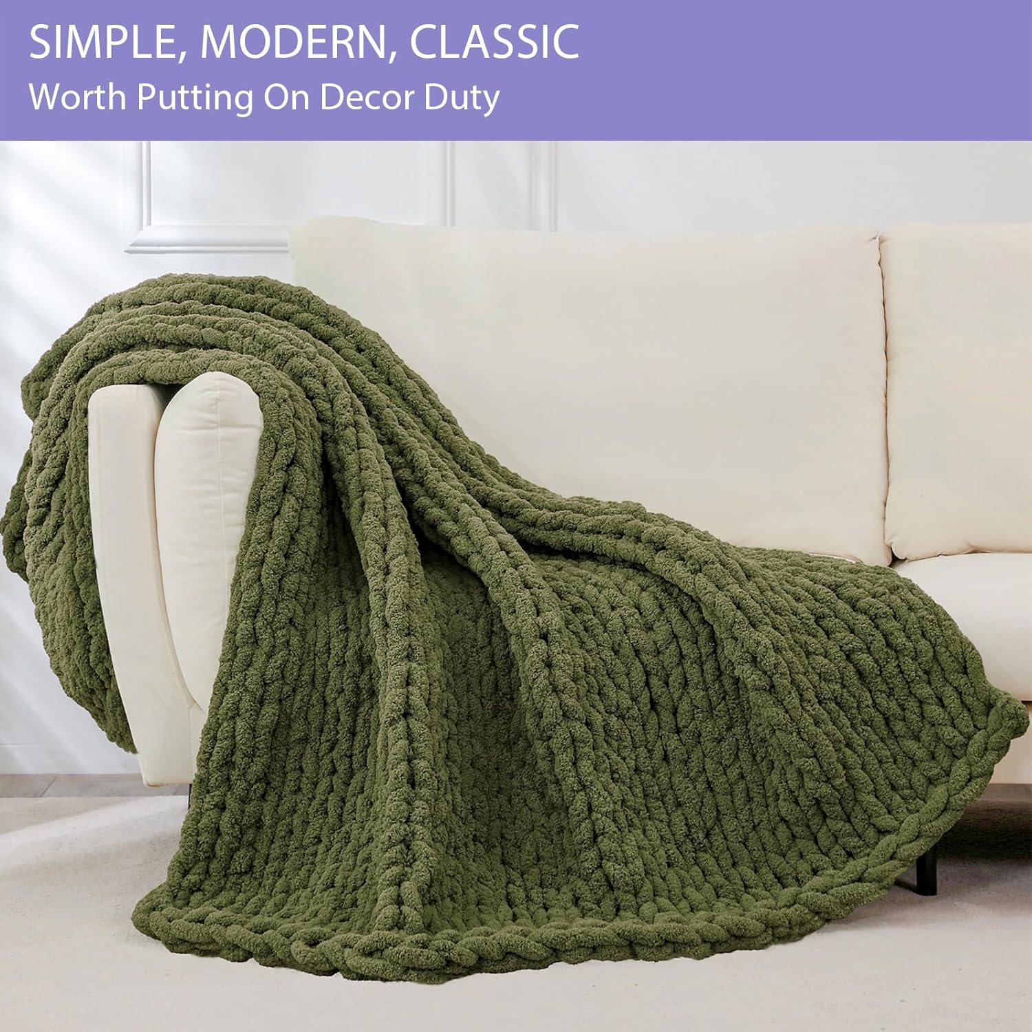 Bigacogo Chunky Knit Throw Blanket for Couch, 40x40 inches, 100% Hand Knitted with Thick Jumbo