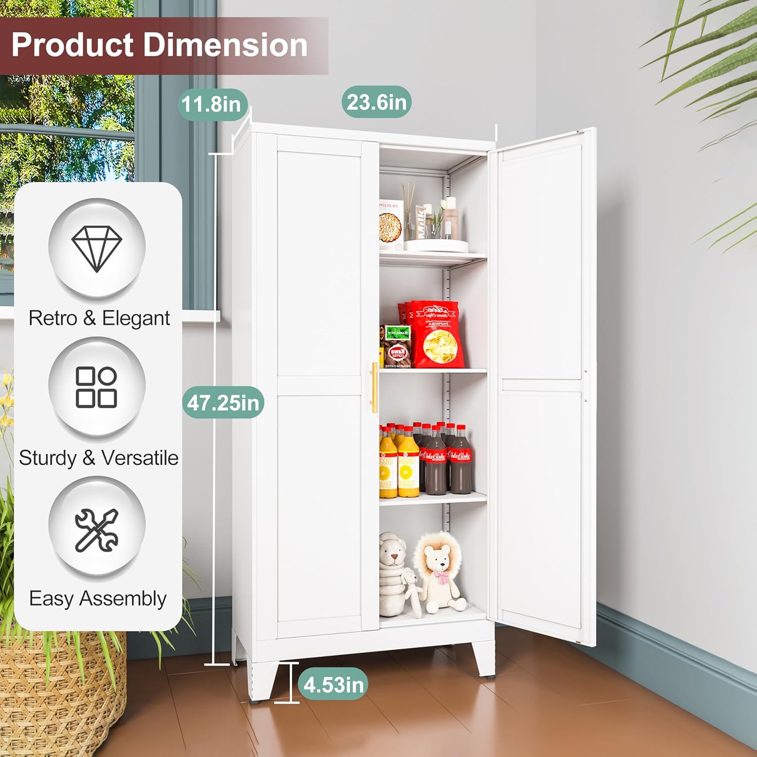 Metal Pantry Cabinet with 2 Doors and Adjustable Shelves, Kitchen Storage cabinets with Gold