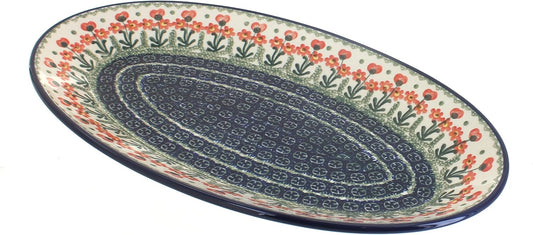 Blue Rose Polish Pottery Peach Posy Oval Platter