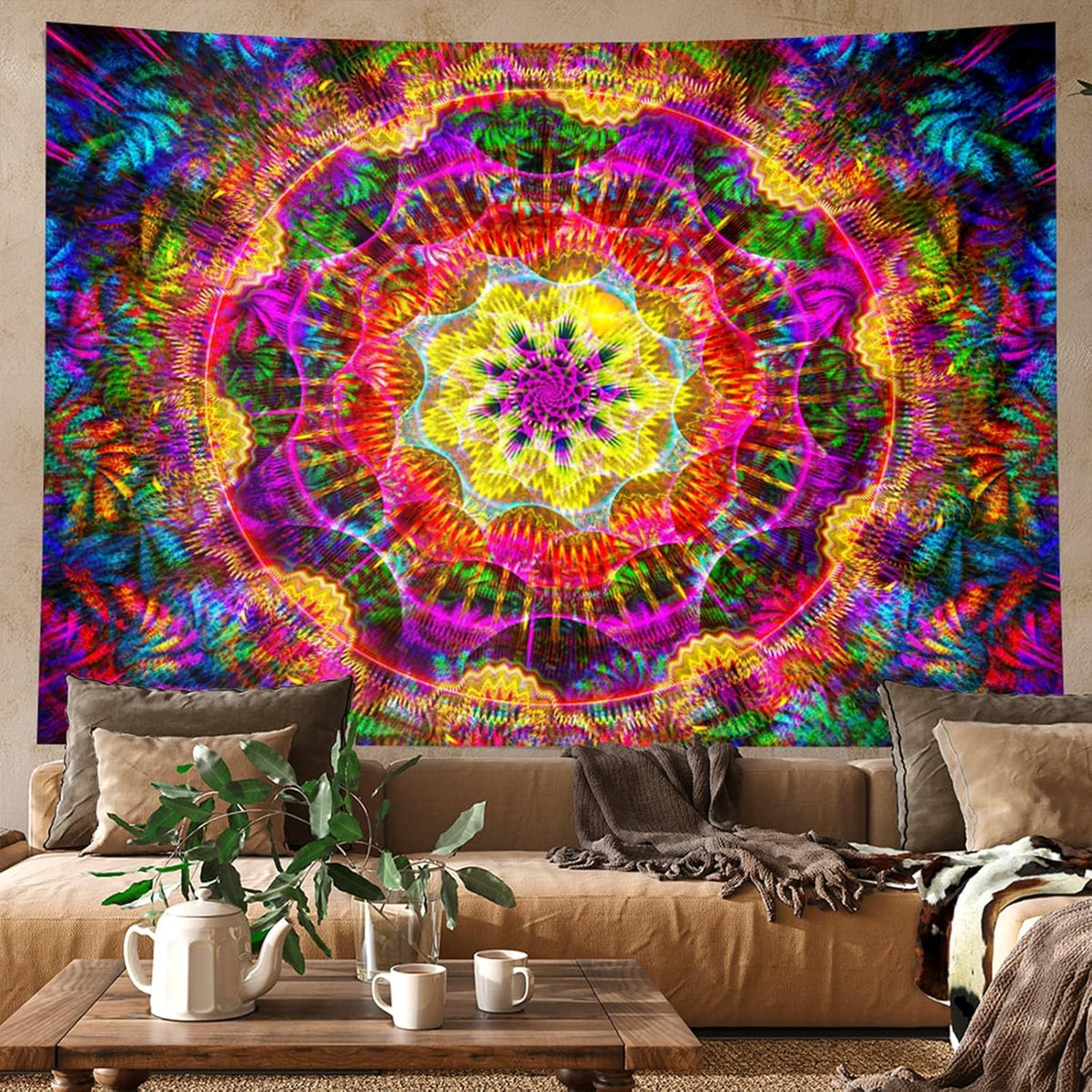 PSYHILAR Blacklight Mandala Tapestry for Bedroom, Psychedelic Black Light Posters for Adults and