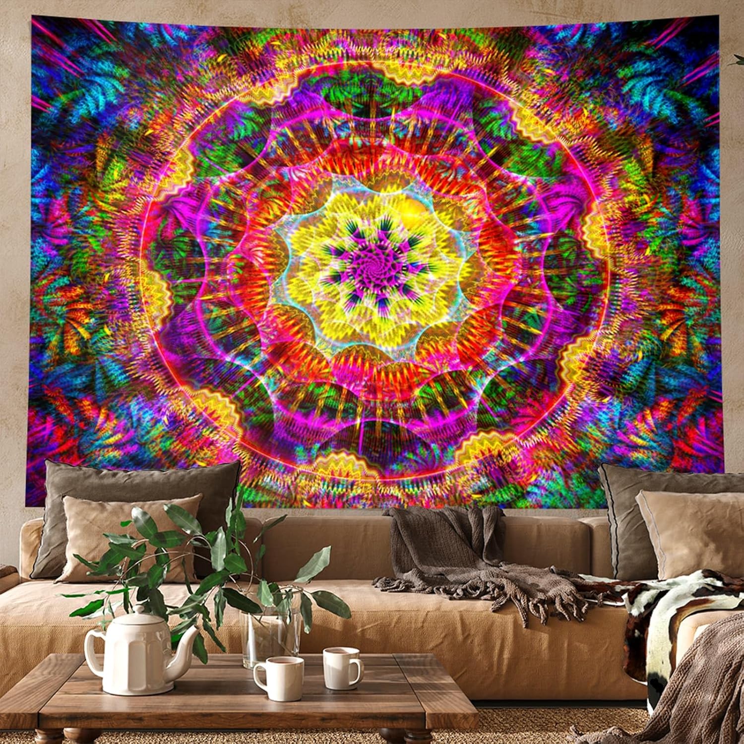 PSYHILAR Blacklight Mandala Tapestry for Bedroom, Psychedelic Black Light Posters for Adults and