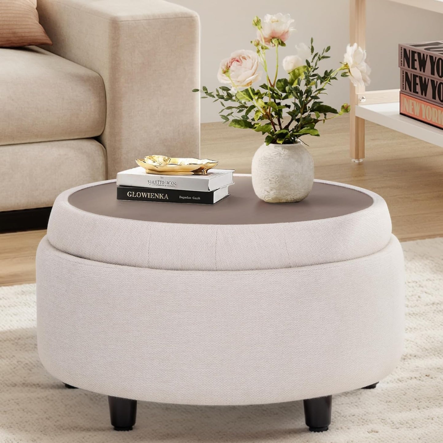 COLAMY Fabric Round Storage Ottoman with Reversible Tray Lid – Multi-Functional Footrest, Hidden