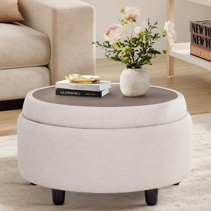 COLAMY Fabric Round Storage Ottoman with Reversible Tray Lid – Multi-Functional Footrest, Hidden