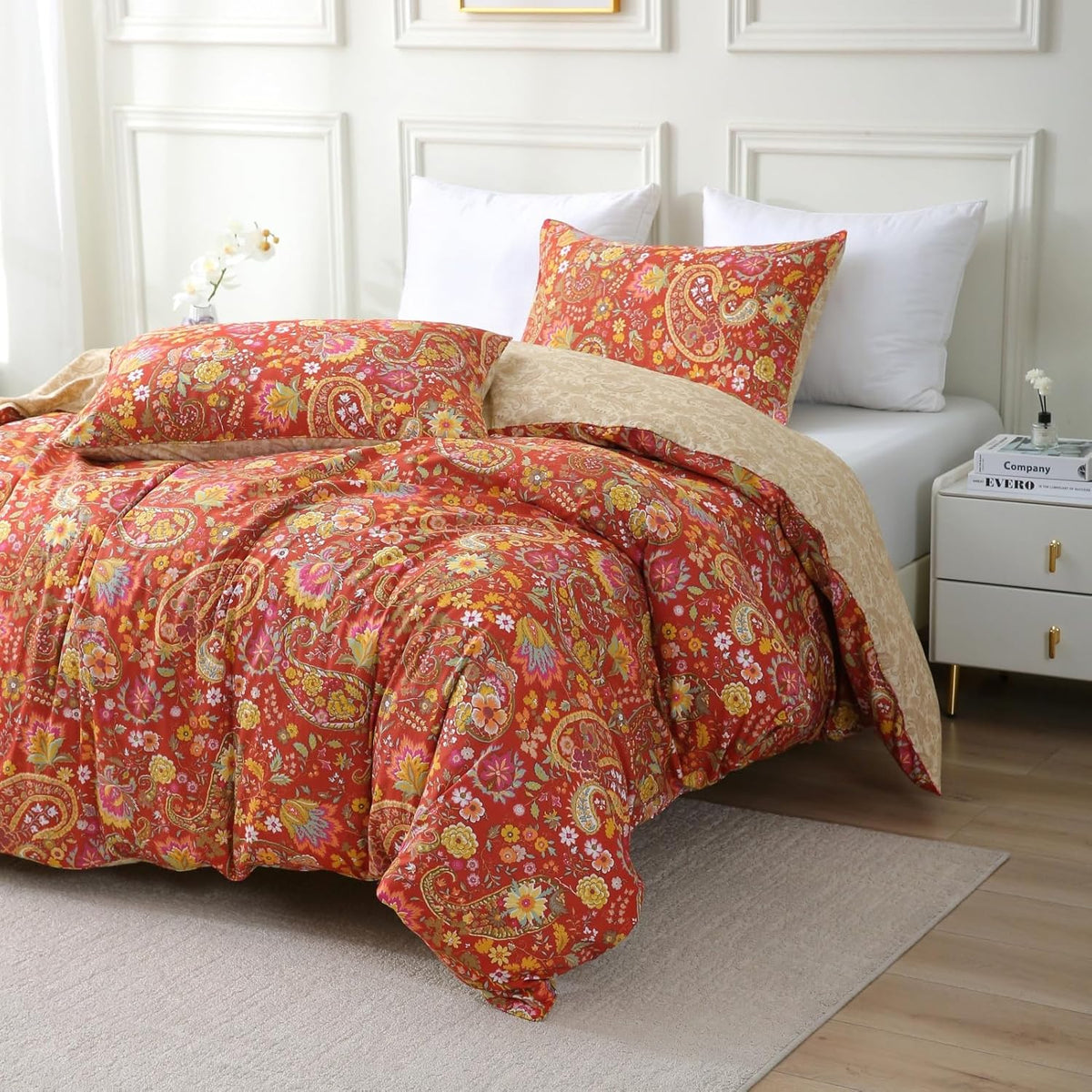 ABREEZE Paisley Bedding Sets 3Pcs Brushed Cotton Duvet Cover Set King Size Rustic Damask Red Floral
