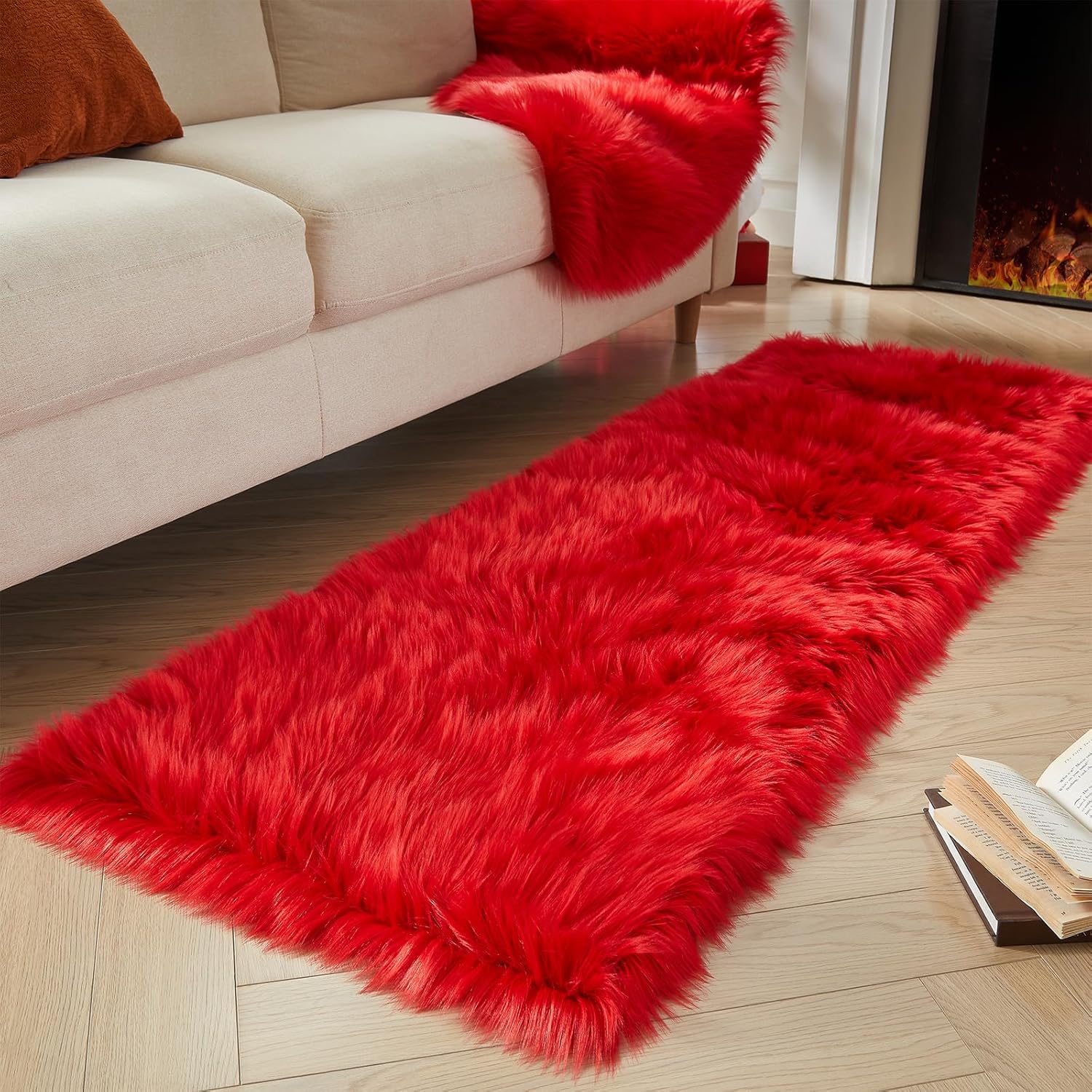 AMTOVO Faux Fur Rug, Red Ultra Soft Fluffy Shag Sheepskin Rug, 2 x 6 ft Runner Area Rugs for