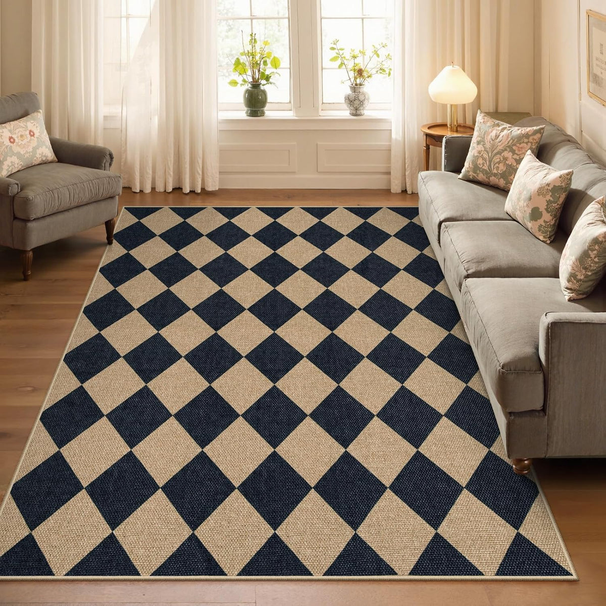 Lahome Checkered Easy Jute 5x7 Area Rugs, Washable Outdoor Patio Rug for Living Room Diamond Indoor