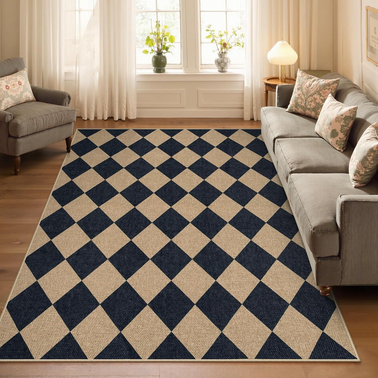Lahome Checkered Easy Jute 5x7 Area Rugs, Washable Outdoor Patio Rug for Living Room Diamond Indoor