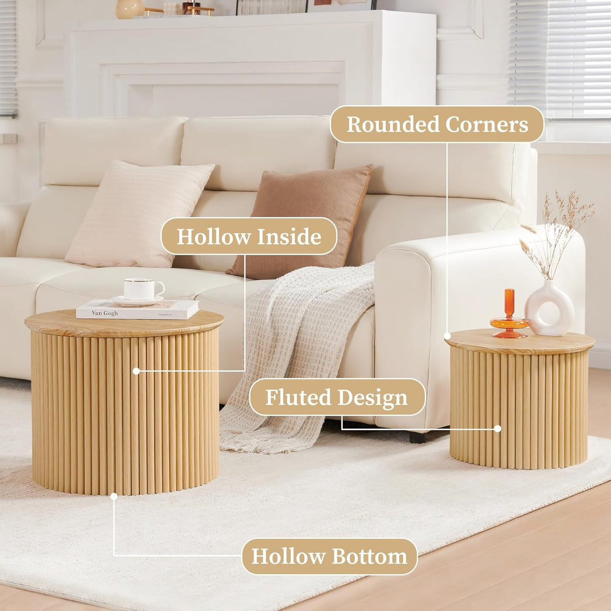 Fluted Round Nesting Coffee Table Set of 2, Small Coffee Table Circle Side Table, Boho Modern Wood
