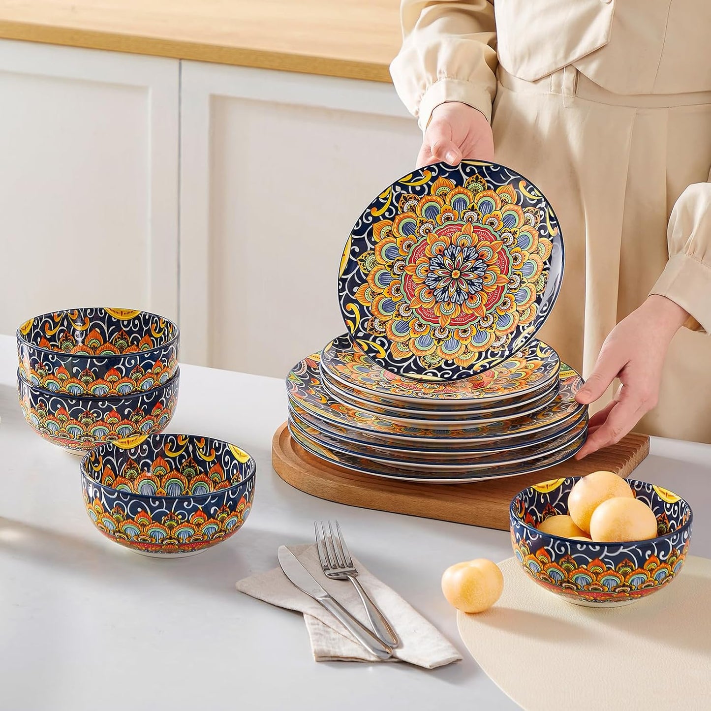 vancasso 12 Pieces Dinnerware Sets, Dark Green Plates and Bowls Set, Porcelain Dishes Set for 4